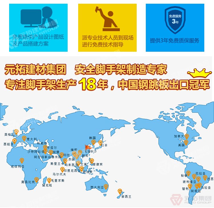 元拓建材集團(tuán)，安全腳手架制造專家！專注腳手架生產(chǎn)18年，中國(guó)鋼跳板出口冠軍！
